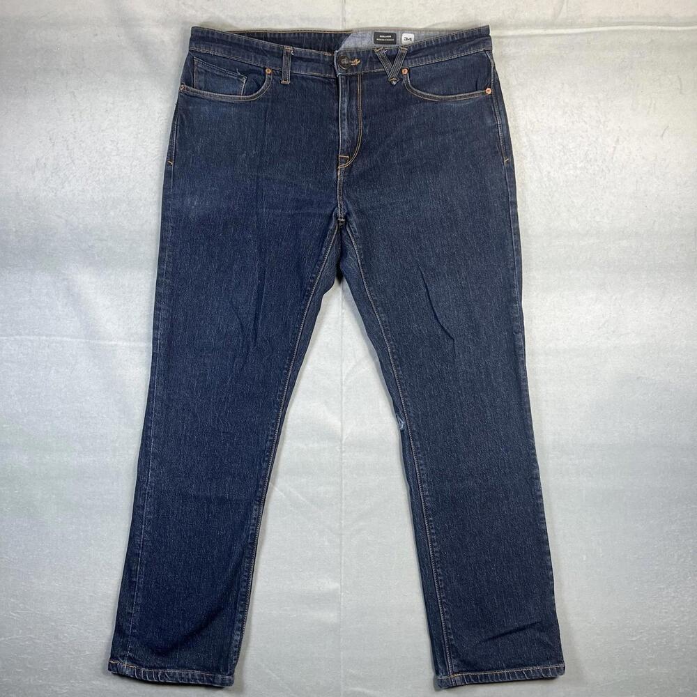 Volcom Solver Jeans Mens 38* Blue Dark Wash Modern Straight Fit Stretch Denim